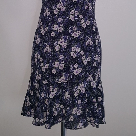 Sexy Black Purple Green Floral Dress Ruffle Hem - Picture 3 of 7