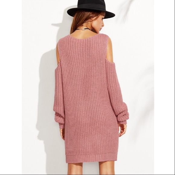 Dusty Pink Cold Shoulder Long Sleeve Sweater Dress - Picture 3 of 7