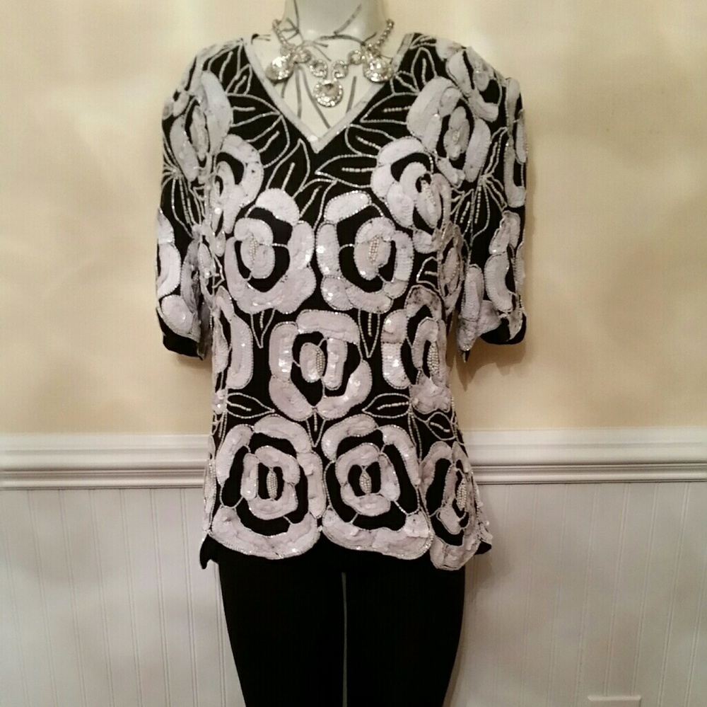 Black formal top with white sequin