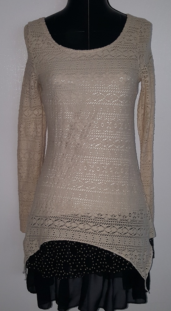 Cream Knit Long Sleeved Dress Black Ruffles Hem