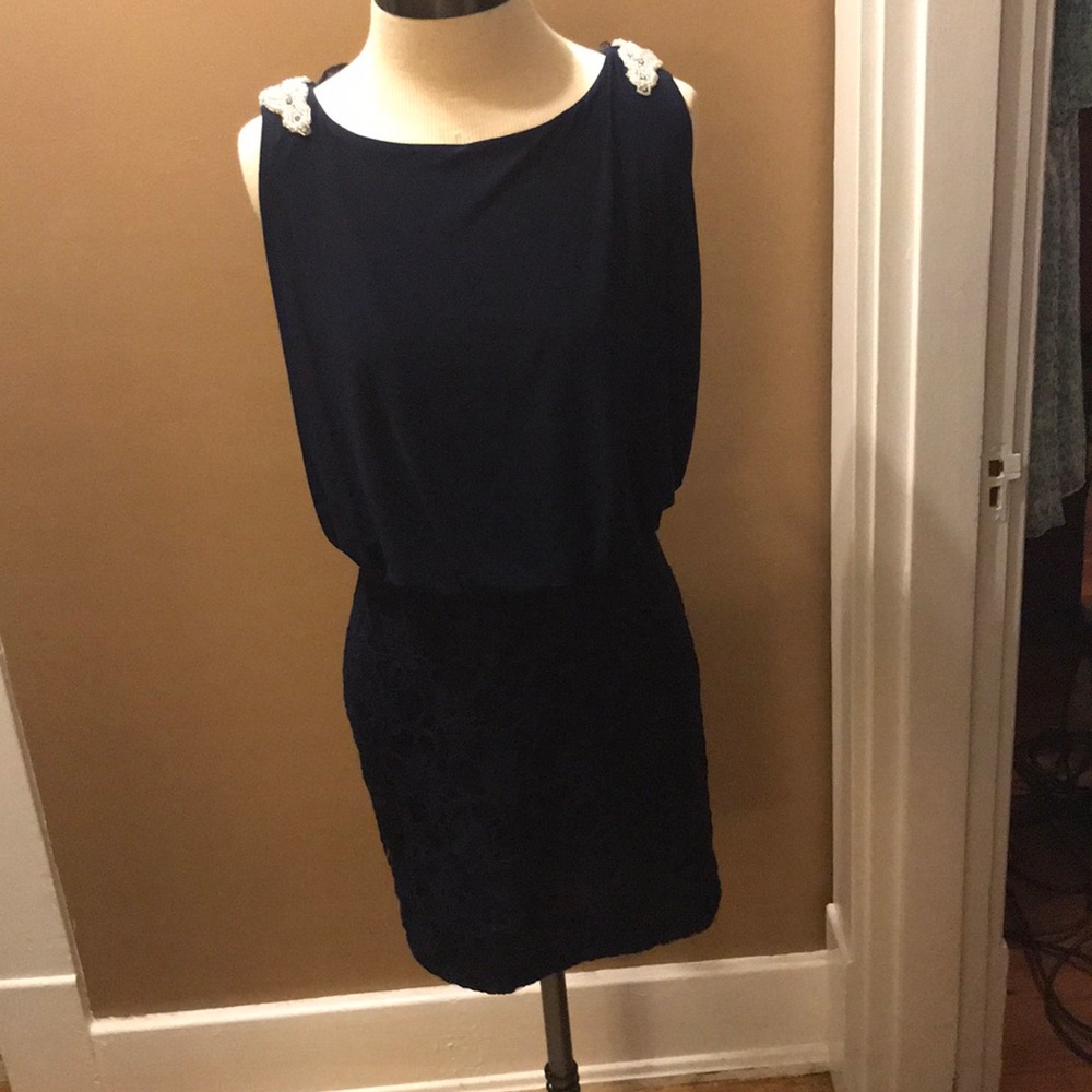 Navy dress with lace skirt & beading detail