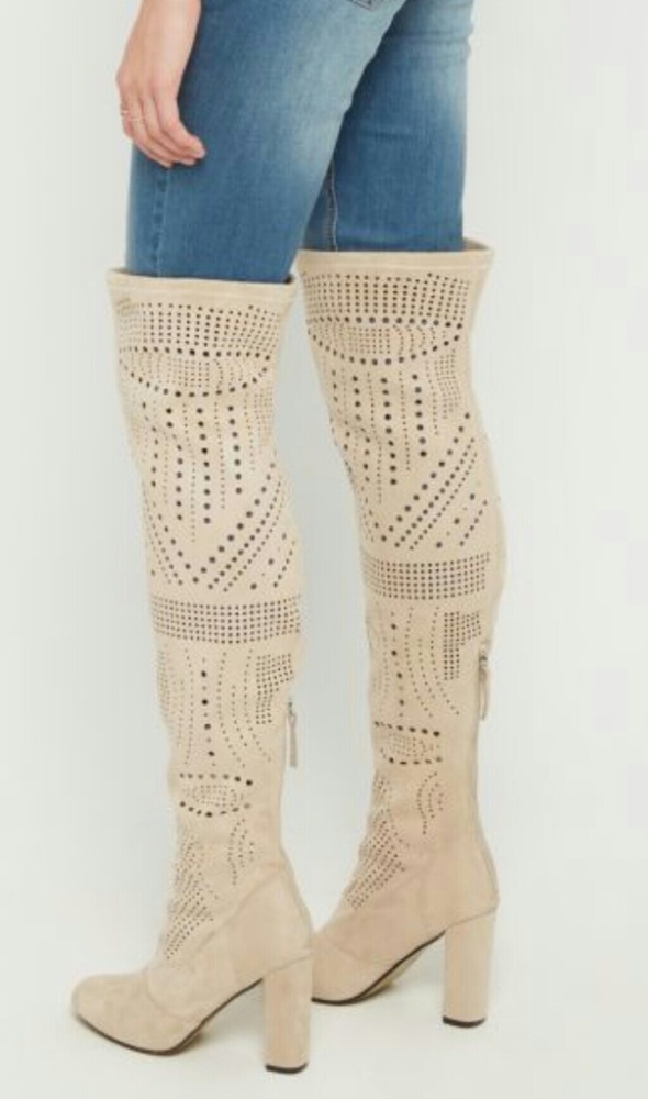Taupe perforated over the knee boots