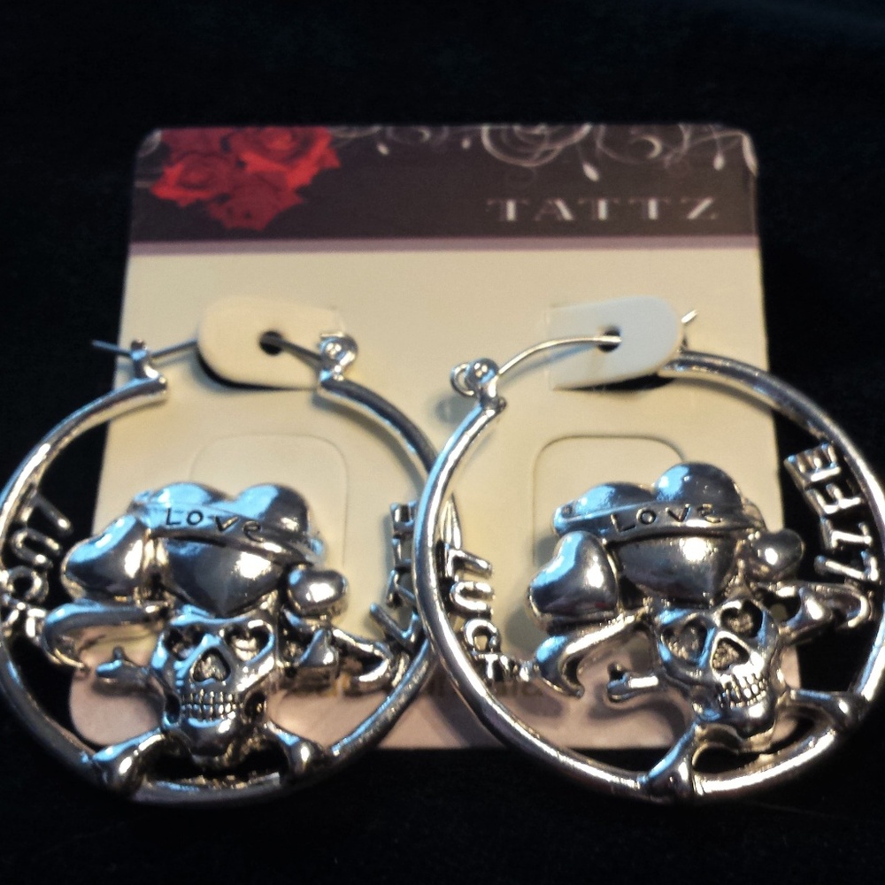 Silver Tone Luck Love Life Hoop Earrings