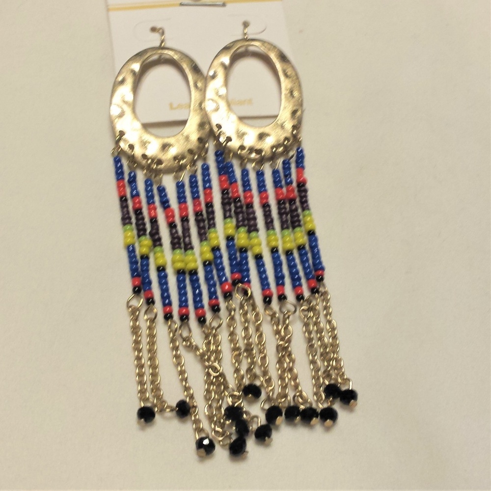 Multi-Color Bead and Chain Dangle Earrings