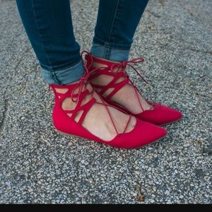 Red lace up flats
