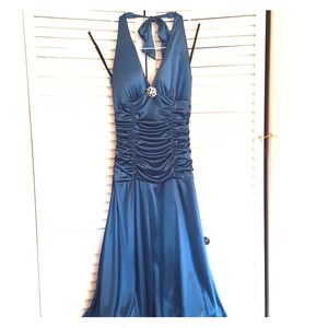 Teal, to the knee, halter formal dress