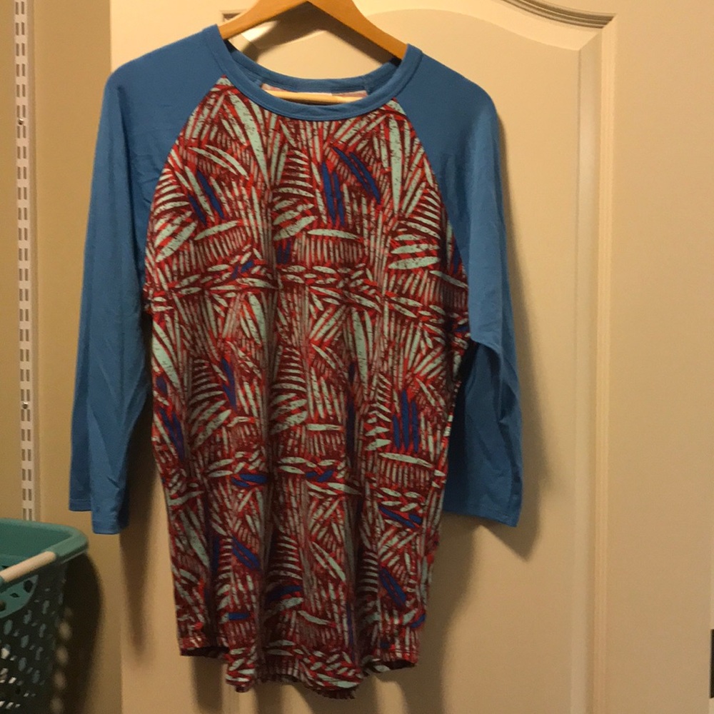 Lularoe baseball shirt, beautiful blues and reds,L