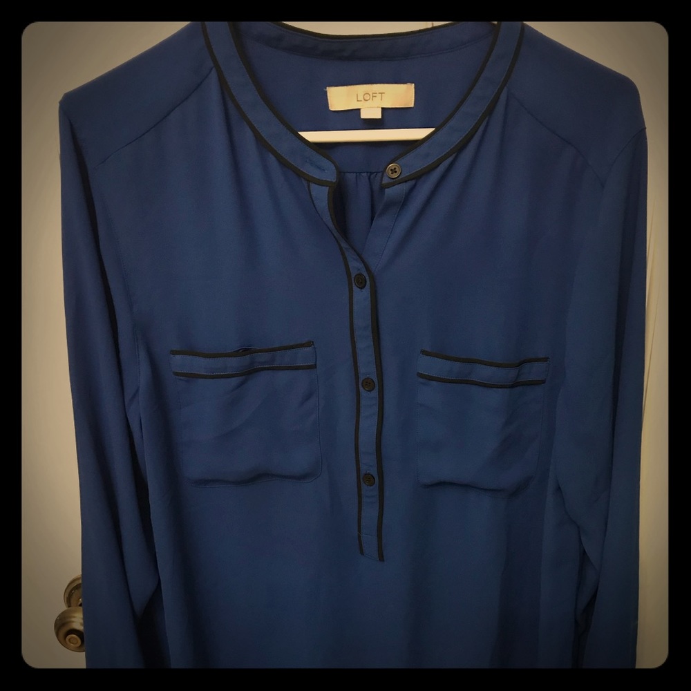 LOFT XL Blue with black piping long-sleeved Blouse
