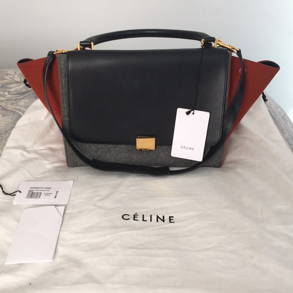 Celine Medium Trapeze Handbag in Calfskin and Felt