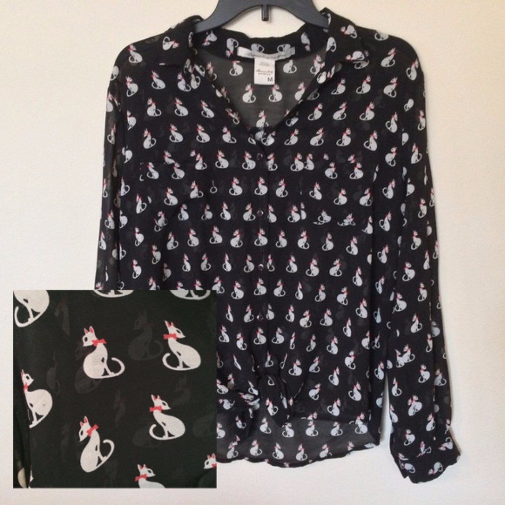 American Rag Cat 🐈 Print Tie Front Button Down