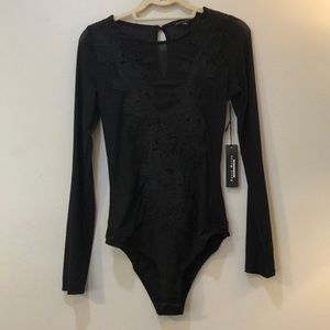 Floral Embroidered Semi Sheer Mesh Bodysuit