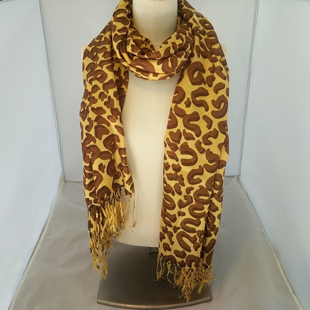 Yellow Brown Leopard Print with Fringe Scarf