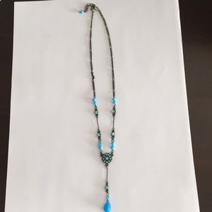 Necklace, light blue beads and gems