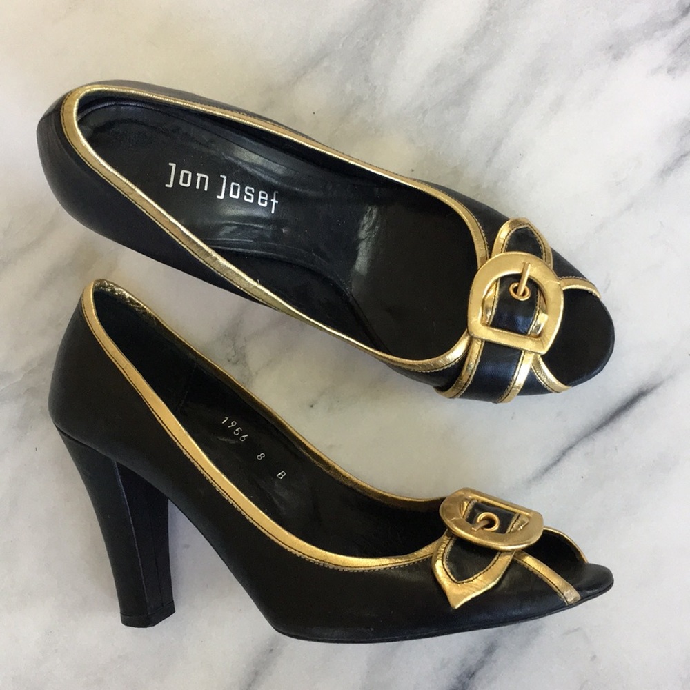 Jon Josef Black/Gold Heels Size 8