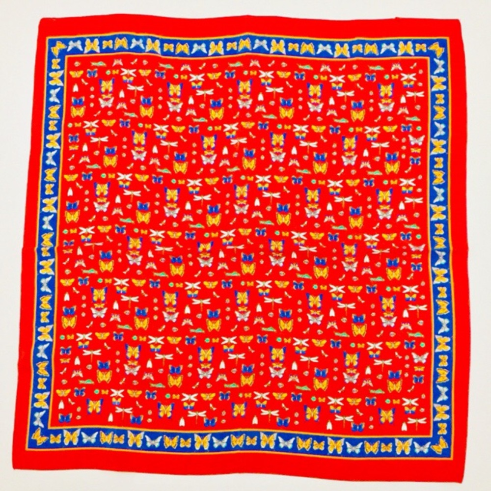 VINTAGE RED SQUARE BLUE LINE SMALL BUTTERFLY SCARF