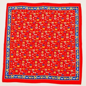 VINTAGE RED SQUARE BLUE LINE SMALL BUTTERFLY SCARF