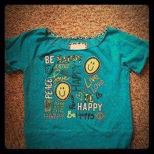 Justice teal shirt sleeve sweatshirt “Be Happy”