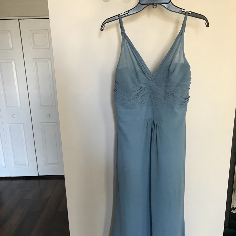 Long, blue bridesmaid dress