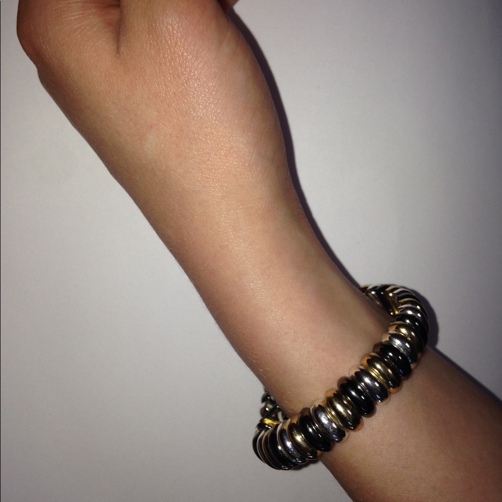Silver, Bronze and Black Beaded Stretchy Bracelet