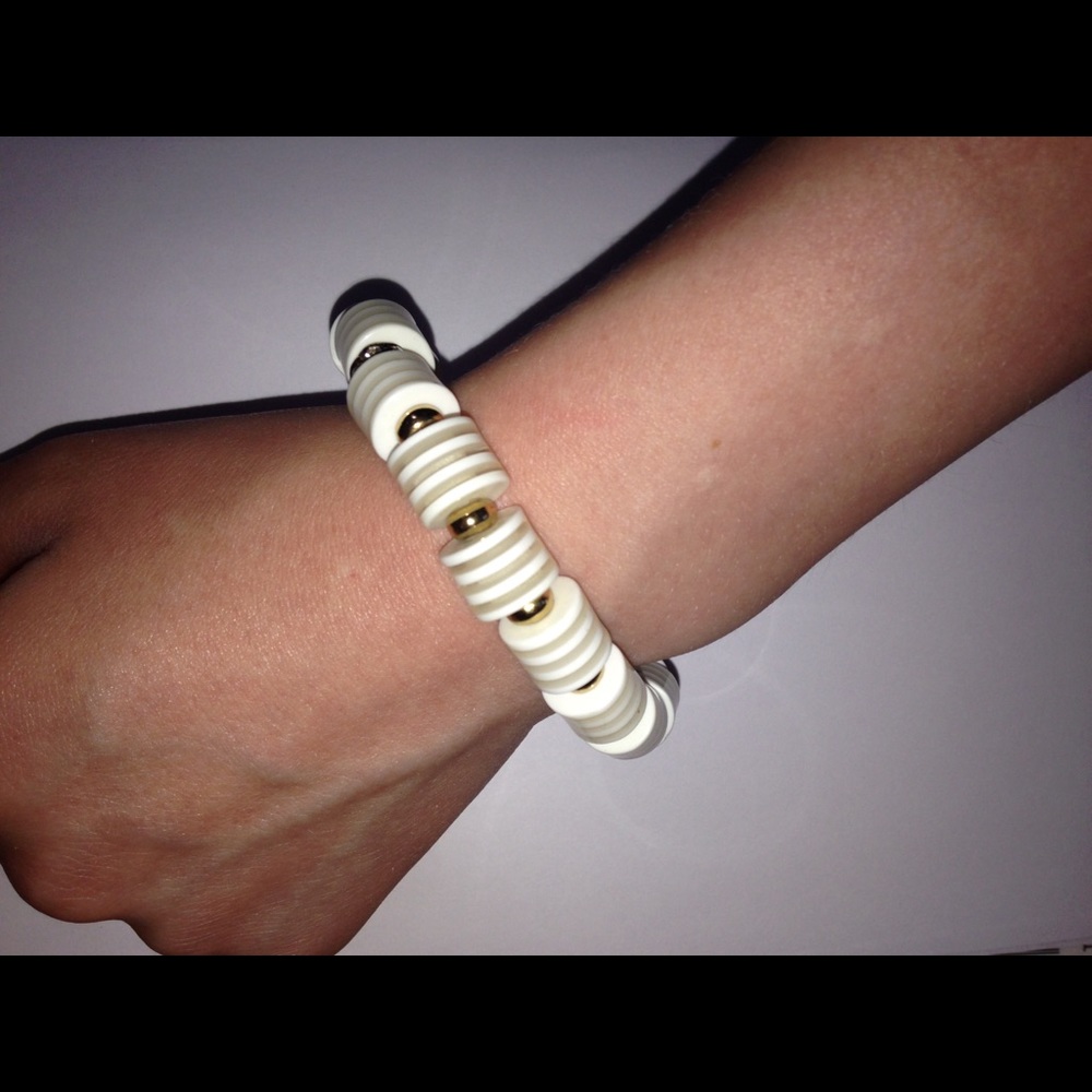 White Striped Beaded Stretchy Bracelet