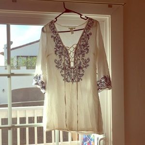 Beach dress lace up front blue embroidery detail