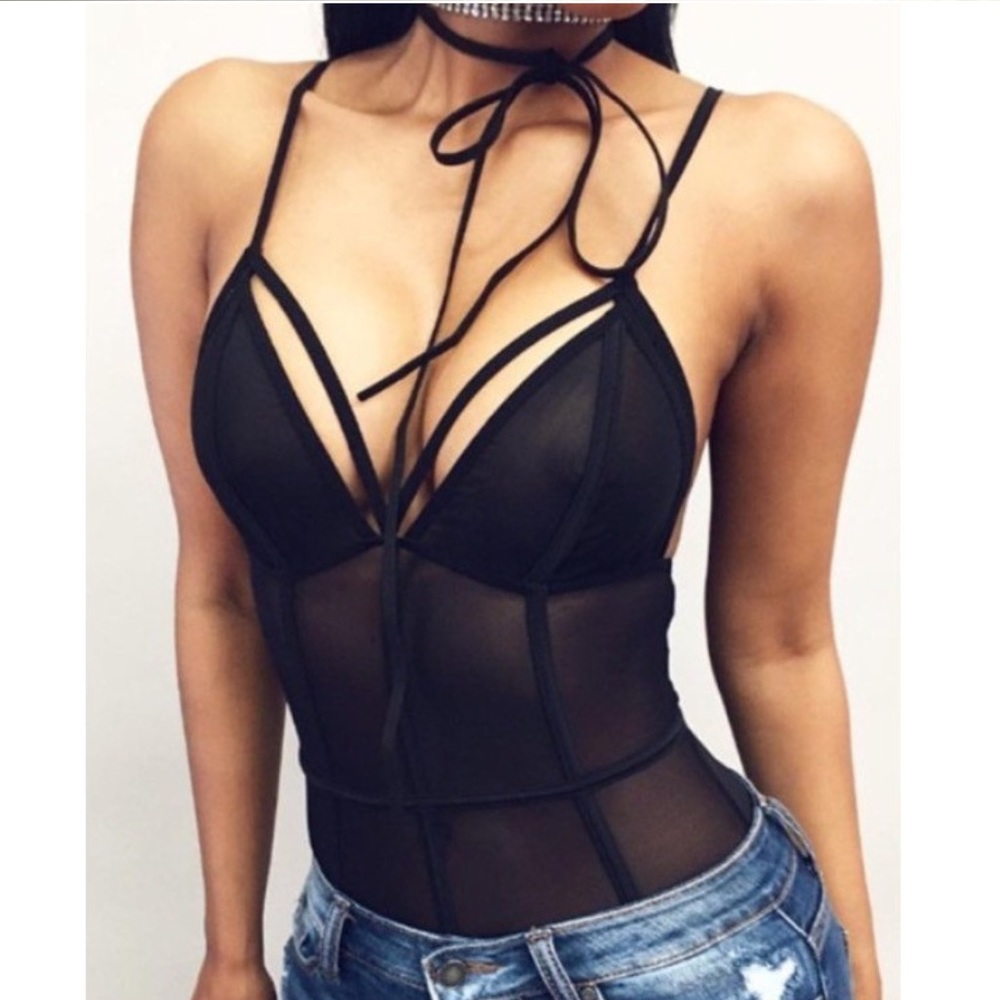 Yasmin Sheer Black Mesh Caged Bodysuit - Picture 2 of 5