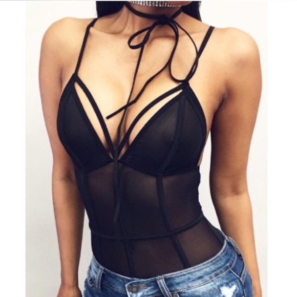 Yasmin Sheer Black Mesh Caged Bodysuit - Picture 2 of 5