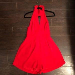Astr Bright Red Backless Halter Top Romper