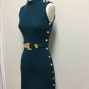 Milly teal knit side button dress gold belt