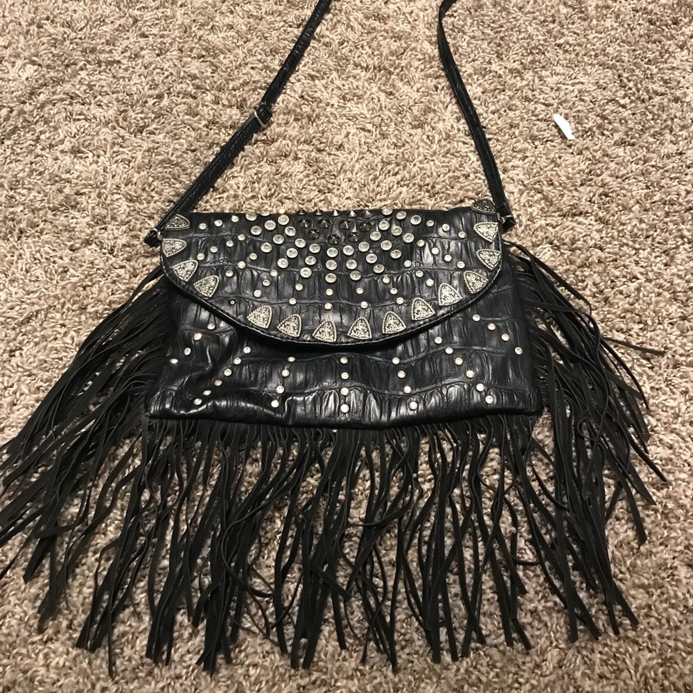 Black embellished fringe cross body