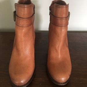 Brown wedge booties with buckle detail