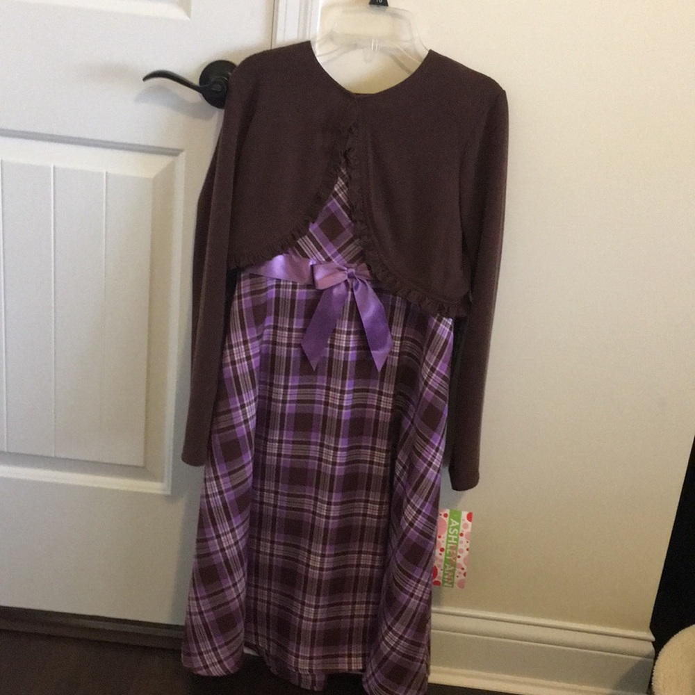 Purple and brown children's dress with brown shrug
