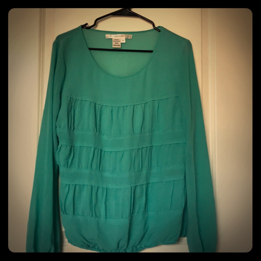 Teal ruffled long sleeve blouse