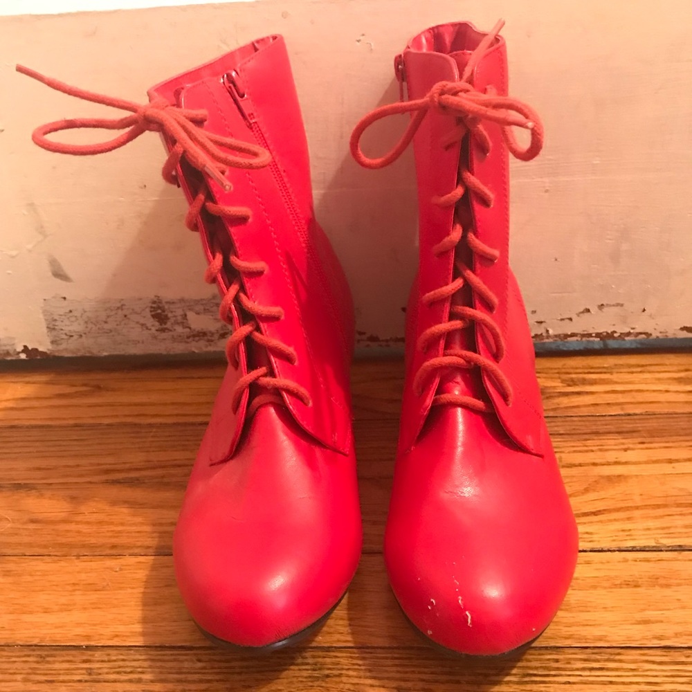 Red Lace-Up High Heel Boots