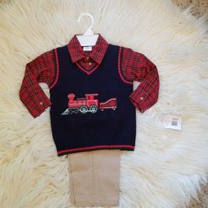 Red plaid long sleeve, train sweater vest