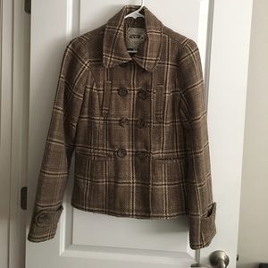 Brown/tan plaid jacket. Wool blend