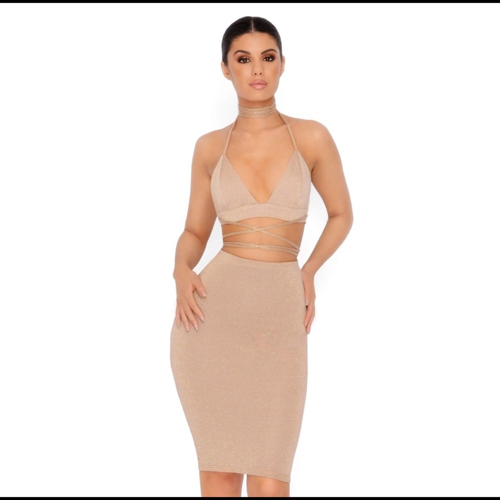 METALLIC KNIT TWO PIECE SET IN GOLD