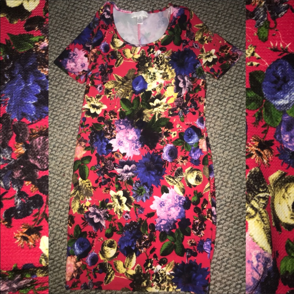 Red dress with multicolored flowers. Never worn.
