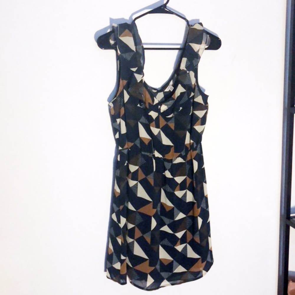 Blue and tan geometric print empire waist dress