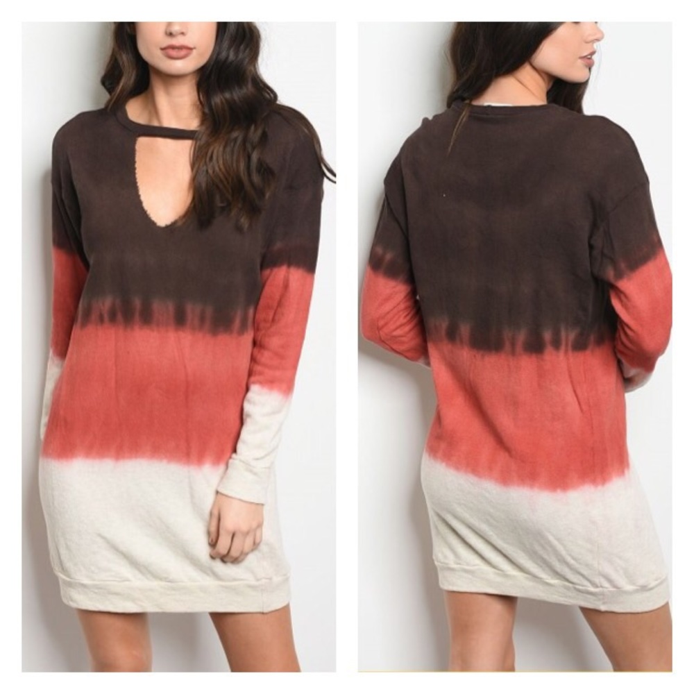Brown Rust Cream Choker Neck Sweater Dress - Picture 2 of 3