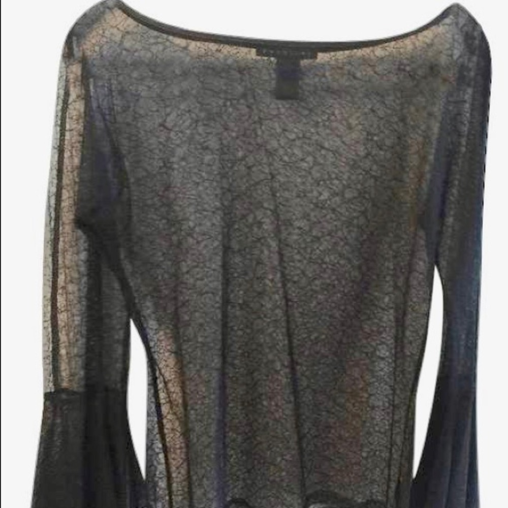 Black Sheer Lace Top with Bell Sleeves - 12 - EUC