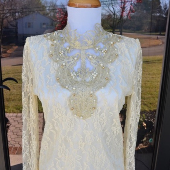 Tops - Ivory lace high neck blouse gold lace trim pearls