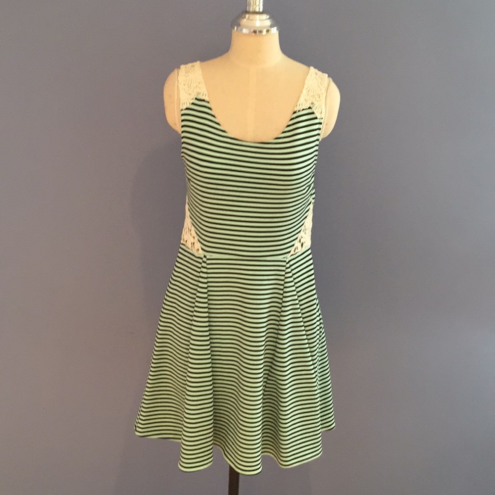 Poof Couture Turquoise Stripped Tank Skater Dress 👗 w Lace Detail Size L