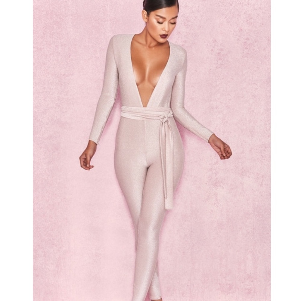 KAHLILA- PALE PINK LUREX LONG SLEEVED JUMPSUIT