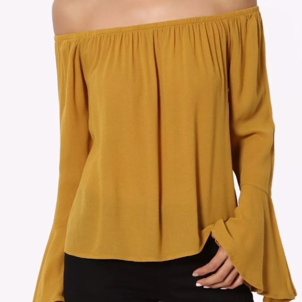 Mustard bell sleeve off the shoulder crop top