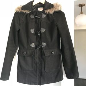 Mossimo Black Corduroy Pea Coat with Faux Fur Hood