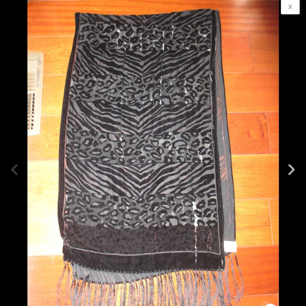 Black Silk and Velvet Fringed Scarf Shawl Wrap