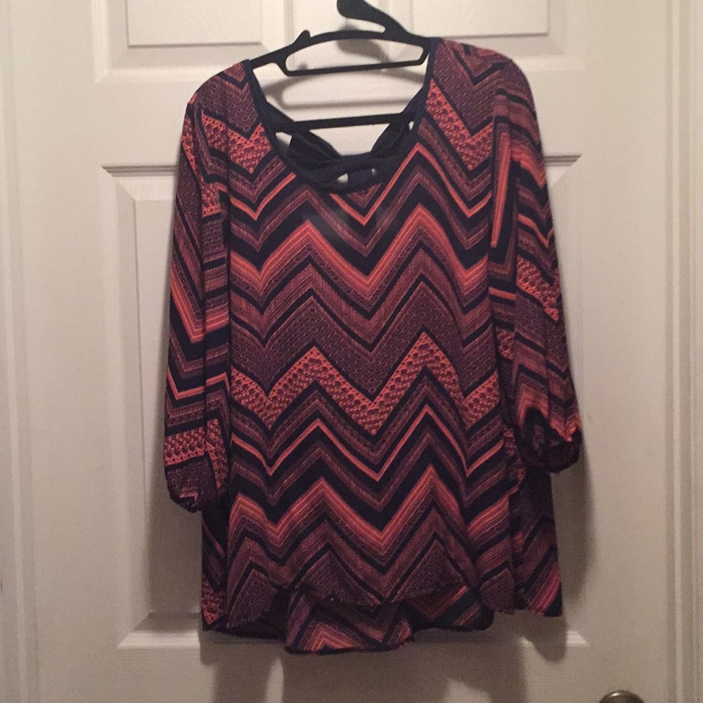 Navy blue and hot pink blouse with cute bow back.