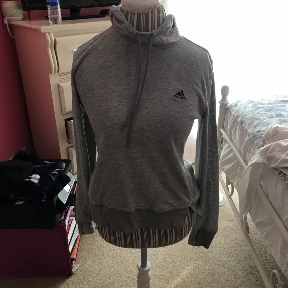 Gray Adidas sweatshirt.
