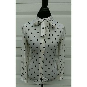 Cream and Black Polkadot Bow Blouse